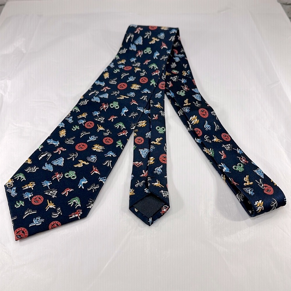 Navy Blue Silk Men’s Necktie with Sports Theme Stick Figure Images Print ⭐️ EUC